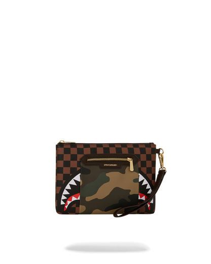 SPRAYGROUND® POUCHETTE EXTERIOR GOLD ZIP POCKET SHARKS IN PARIS CROSSOVER CLUTCH