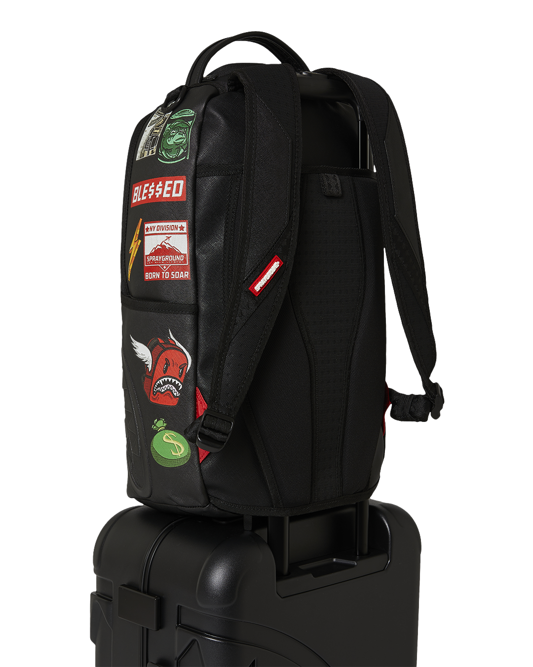 SPRAYGROUND® LUGGAGE CARGO PATCHES SHARKITECTURE CARRY-ON LUGGAGE BLACK WITH EXTRA STICKERS