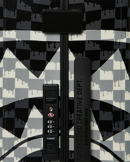 SPRAYGROUND® LUGGAGE BLACK AND WHITE DRIP CHECK SHARK CARRY-ON LUGGAGE