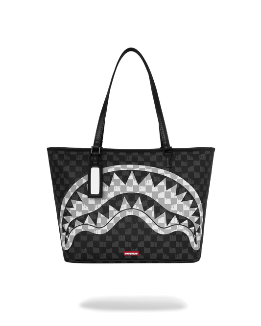 SPRAYGROUND® TOTE BLACK AND WHITE DRIP CHECK SHARK TOTE
